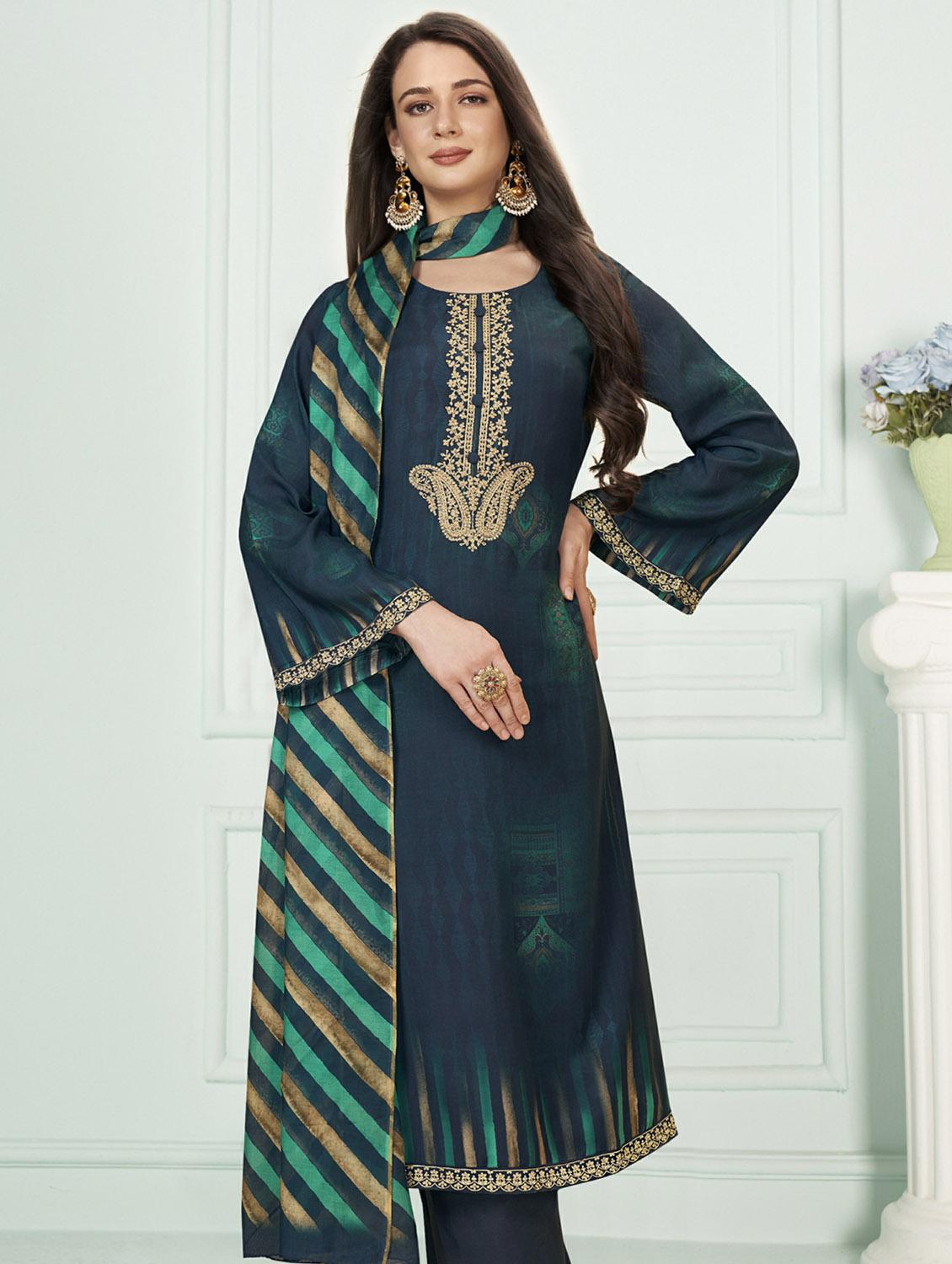 teal round neck unstitched suits - 20027766 -  Standard Image - 1