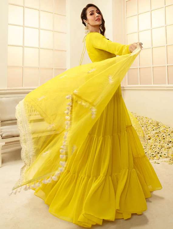 round neck solid tiered fit & flared gown - 20028220 - Standard Image - 1