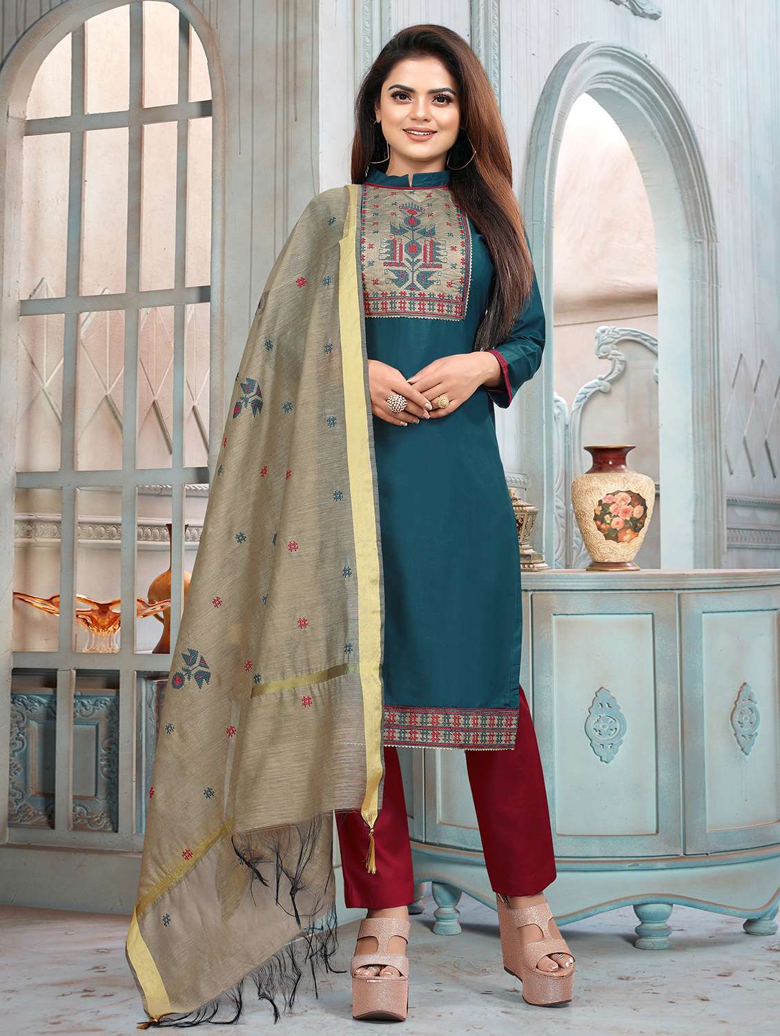 mandarin neck unstitched straight pant suits - 20029485 -  Standard Image - 1