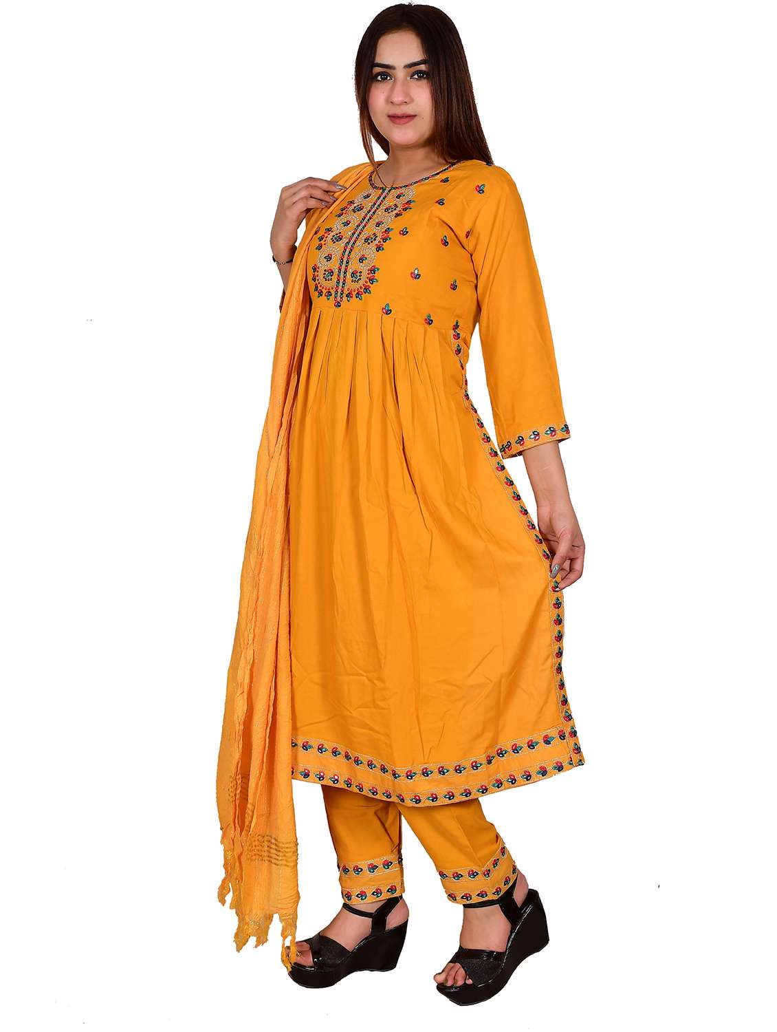 yellow self design kurta dupatta set - 20029737 -  Standard Image - 1