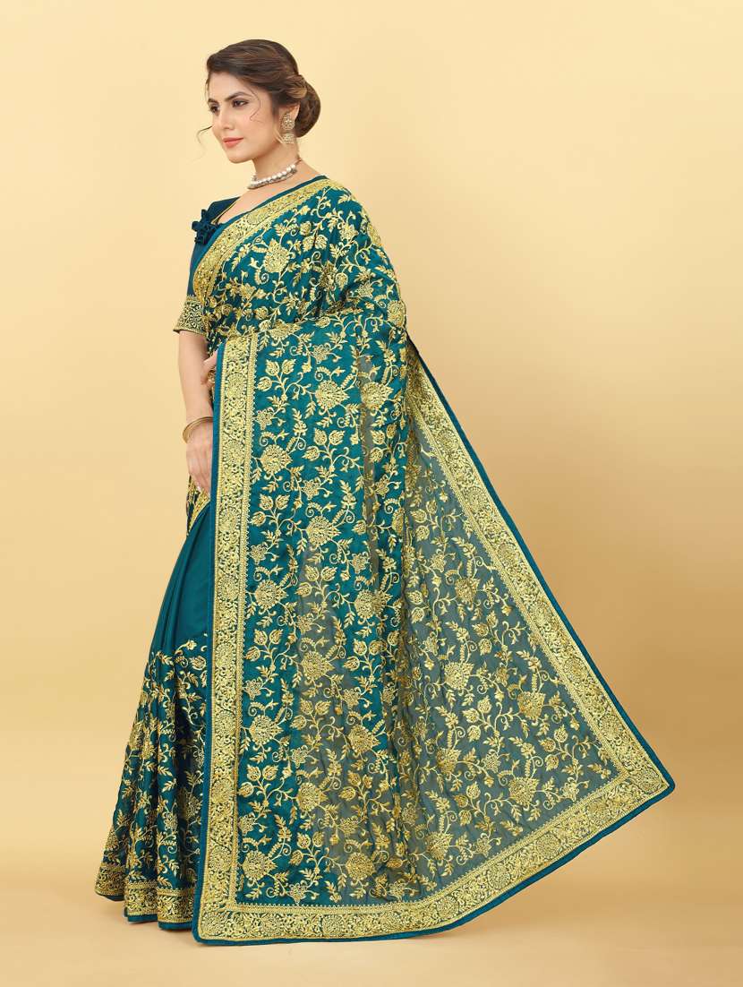 teal embroidered saree with blouse - 20029948 -  Standard Image - 1