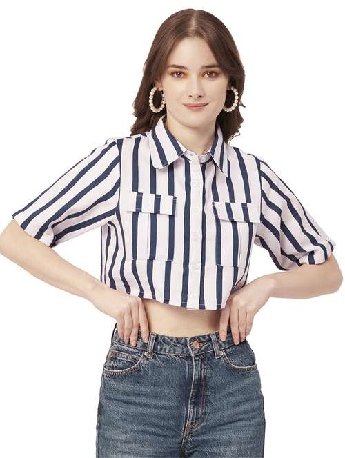 blue cotton crop shirt - 20031245 -  Standard Image - 0