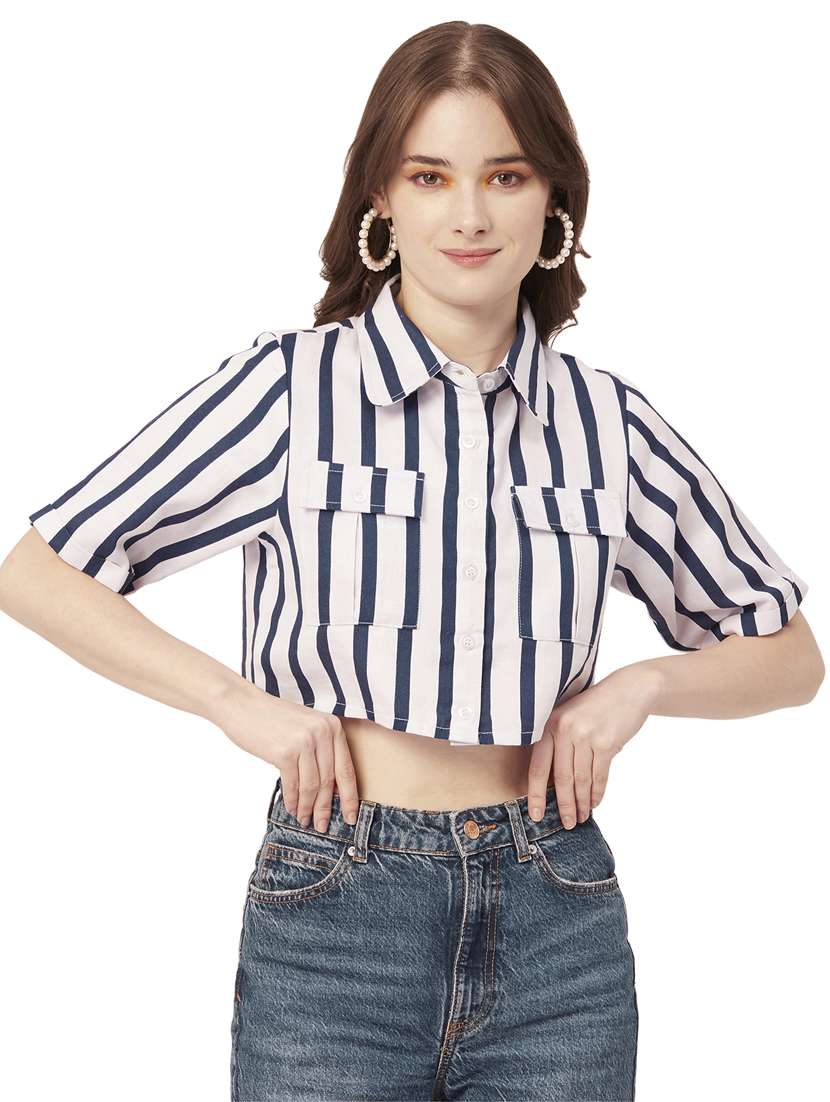 blue cotton crop shirt