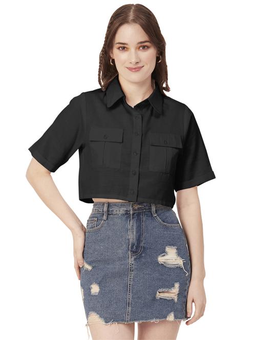 black cotton crop shirt - 20031249 - Standard Image - 0