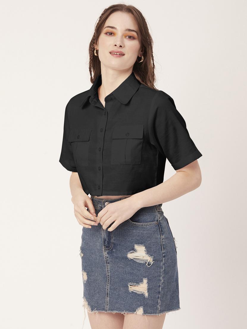 black cotton crop shirt - 20031249 -  Standard Image - 1