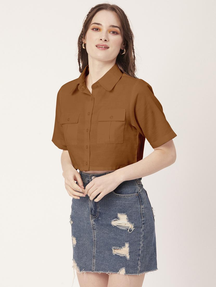 brown cotton crop shirt - 20031250 -  Standard Image - 1