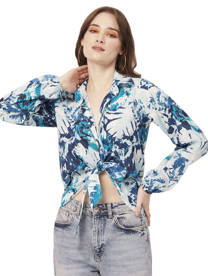 blue cotton blend crop shirt