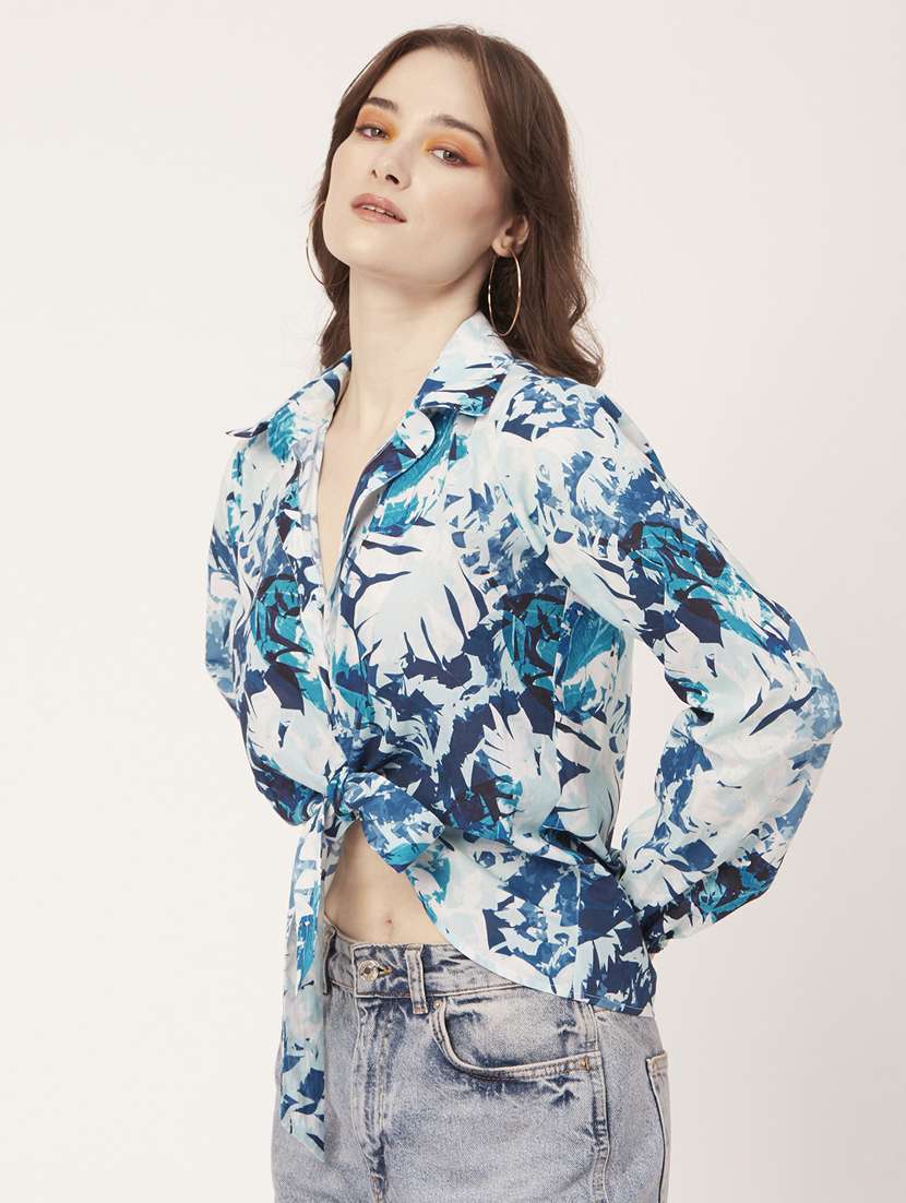 blue cotton blend crop shirt - 20031252 -  Standard Image - 1