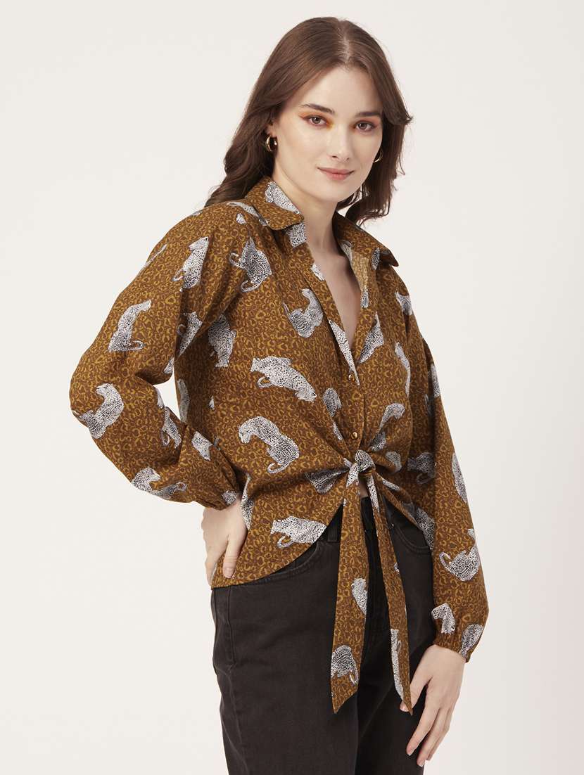 khaki cotton blend crop shirt - 20031256 -  Standard Image - 1