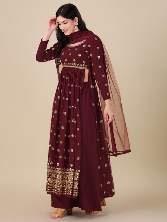 burgundy embroidered semi-stitched palazzo suits - 20031309 -  Standard Image - 1