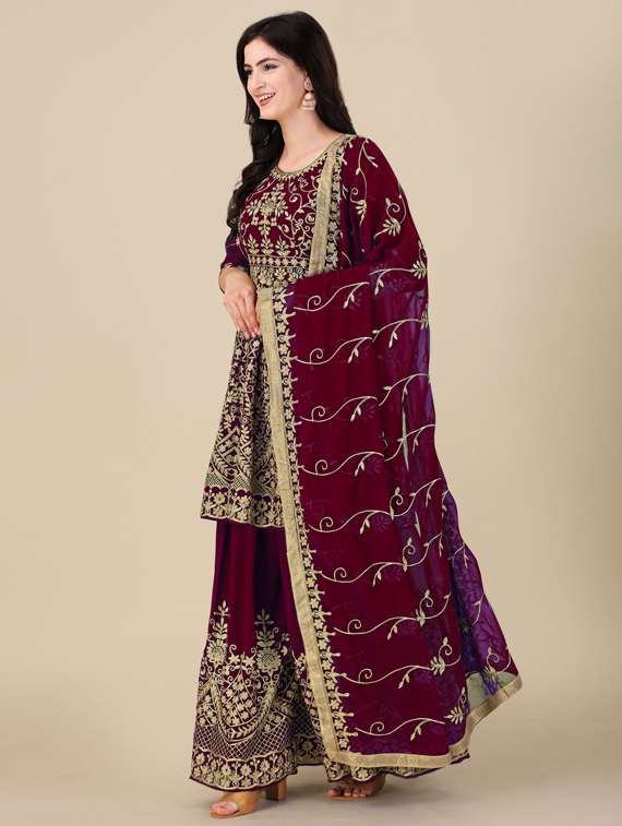 maroon embroidered semi-stitched suits - 20031315 -  Standard Image - 1