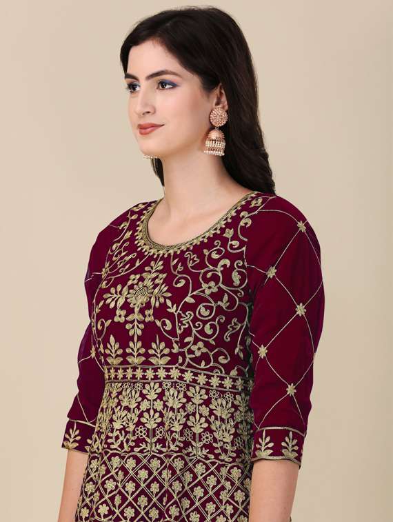 maroon embroidered semi-stitched suits - 20031315 -  Standard Image - 4