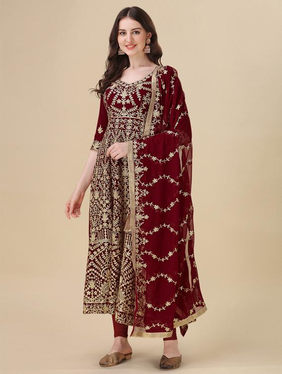 maroon embroidered semi-stitched suits - 20031320 - Standard Image - 1