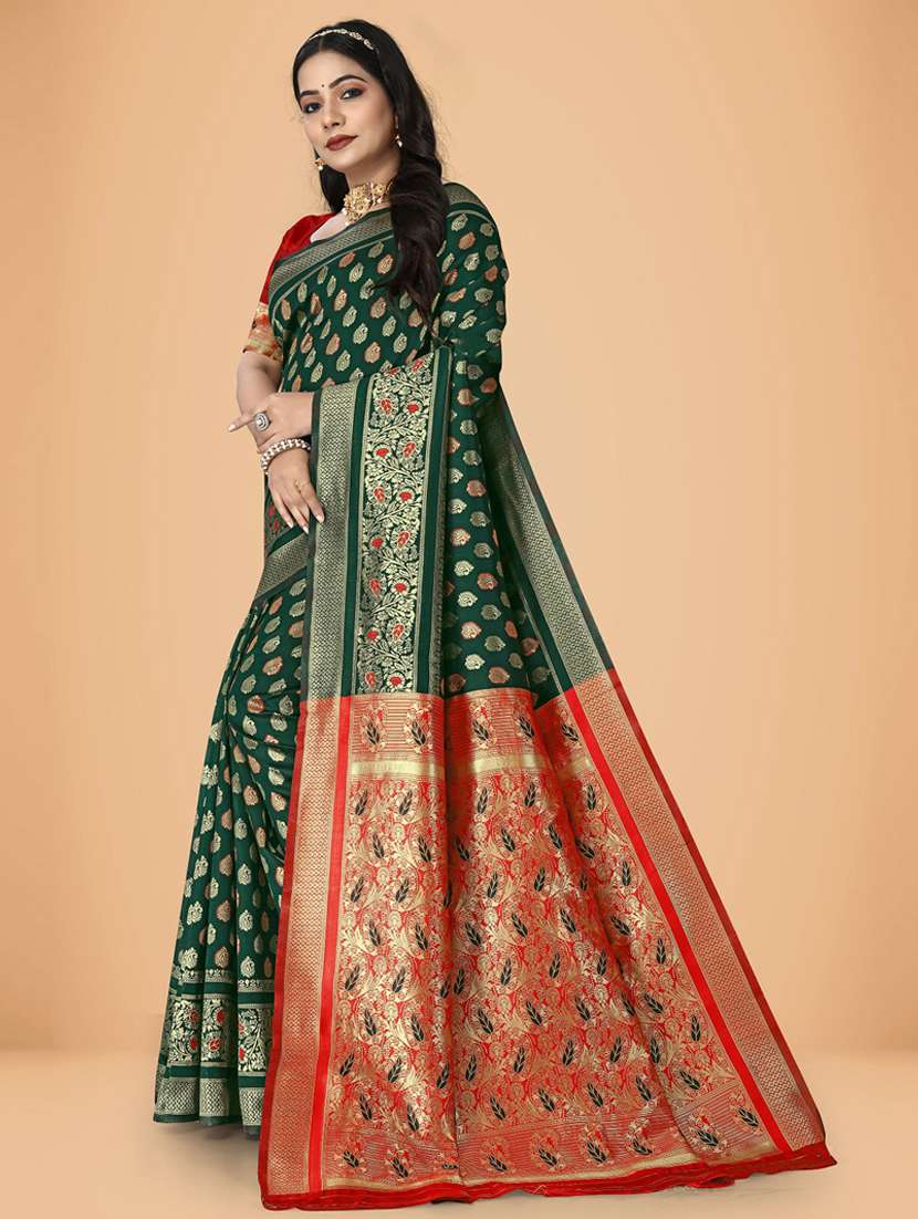dark green silk blend banarasi saree with blouse - 20031359 -  Standard Image - 1