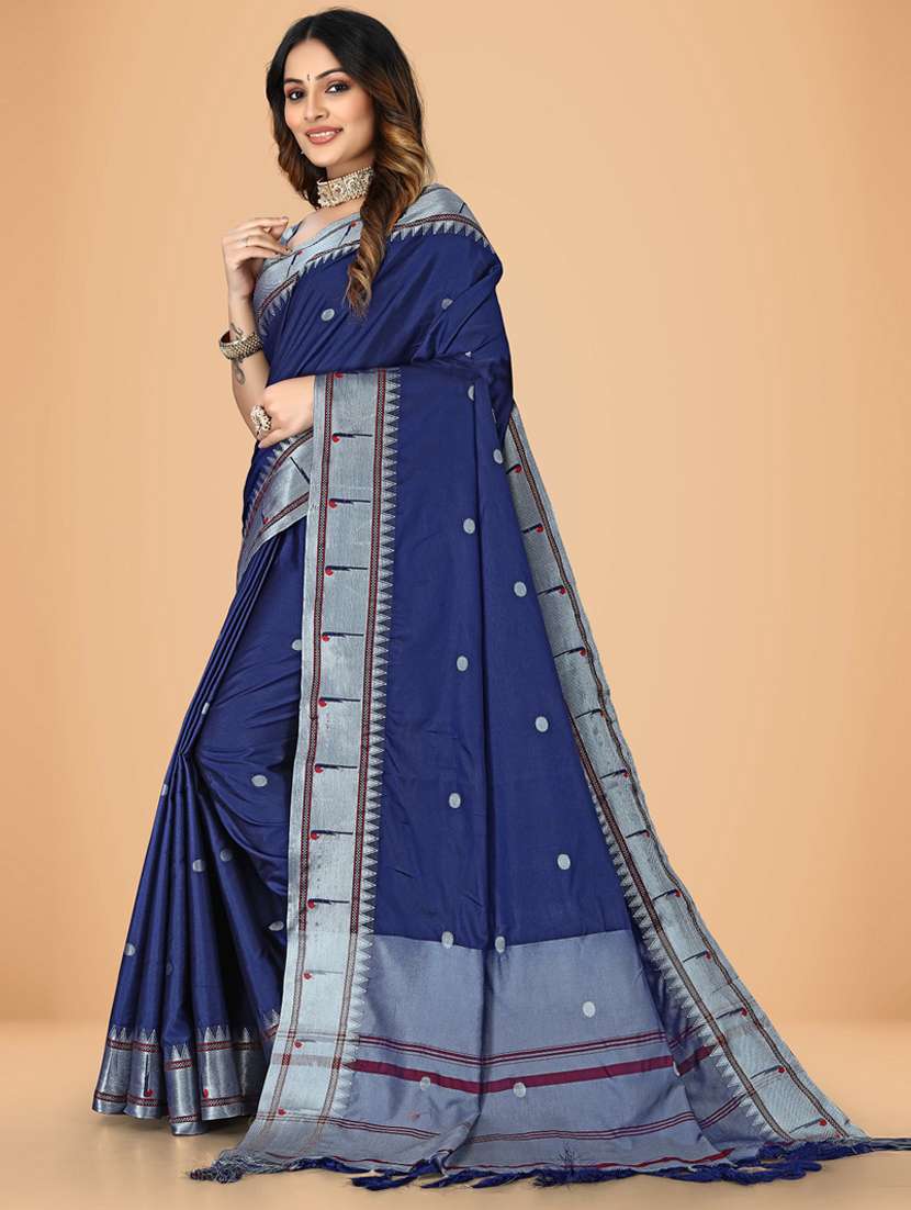 blue cotton silk paithani saree with blouse - 20031363 -  Standard Image - 1