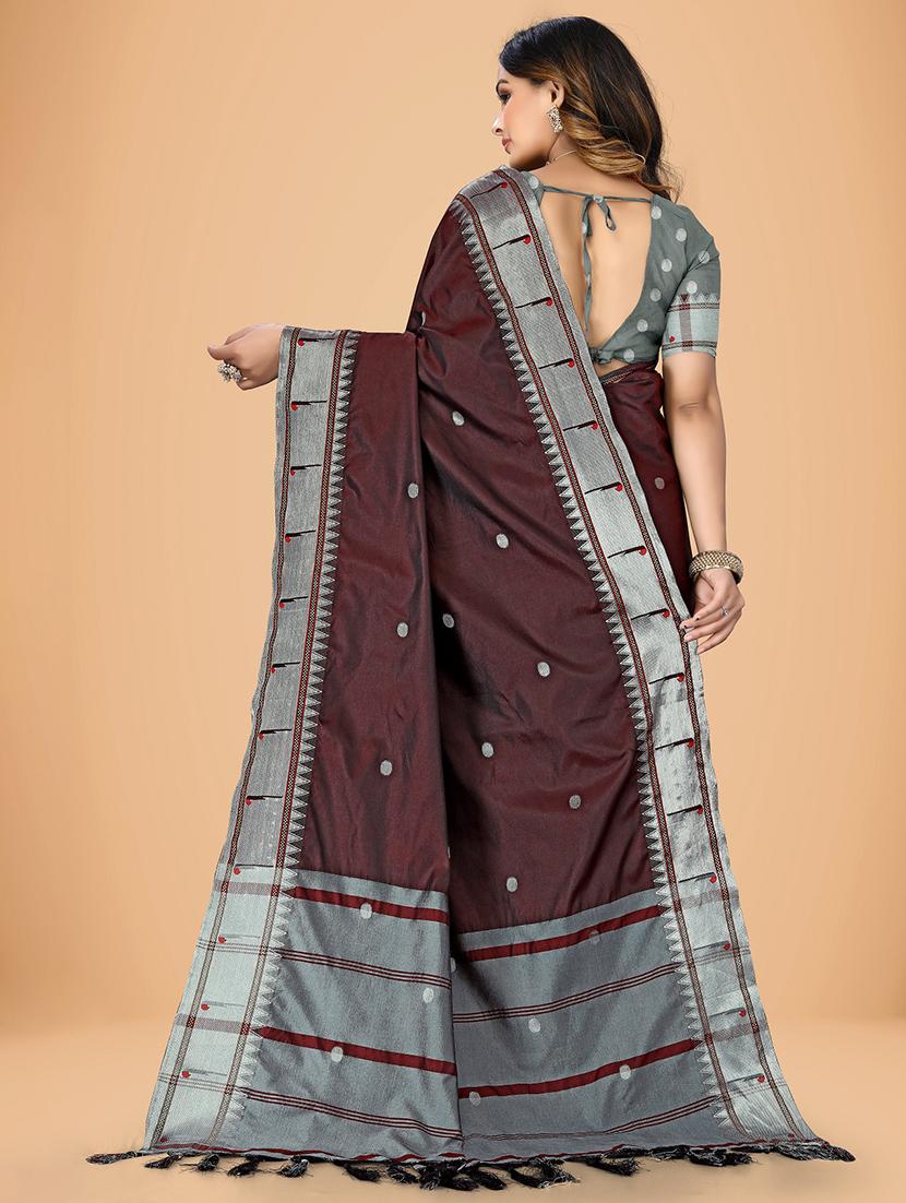 brown self designed woven contrast saree with blouse - 20031464 -  Standard Image - 1