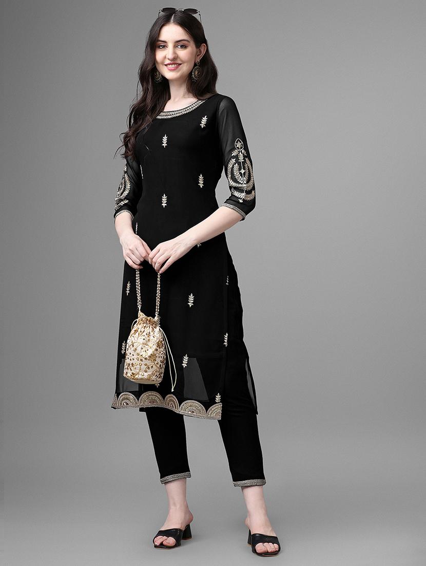 black self design straight kurta - 20031791 - Standard Image - 1