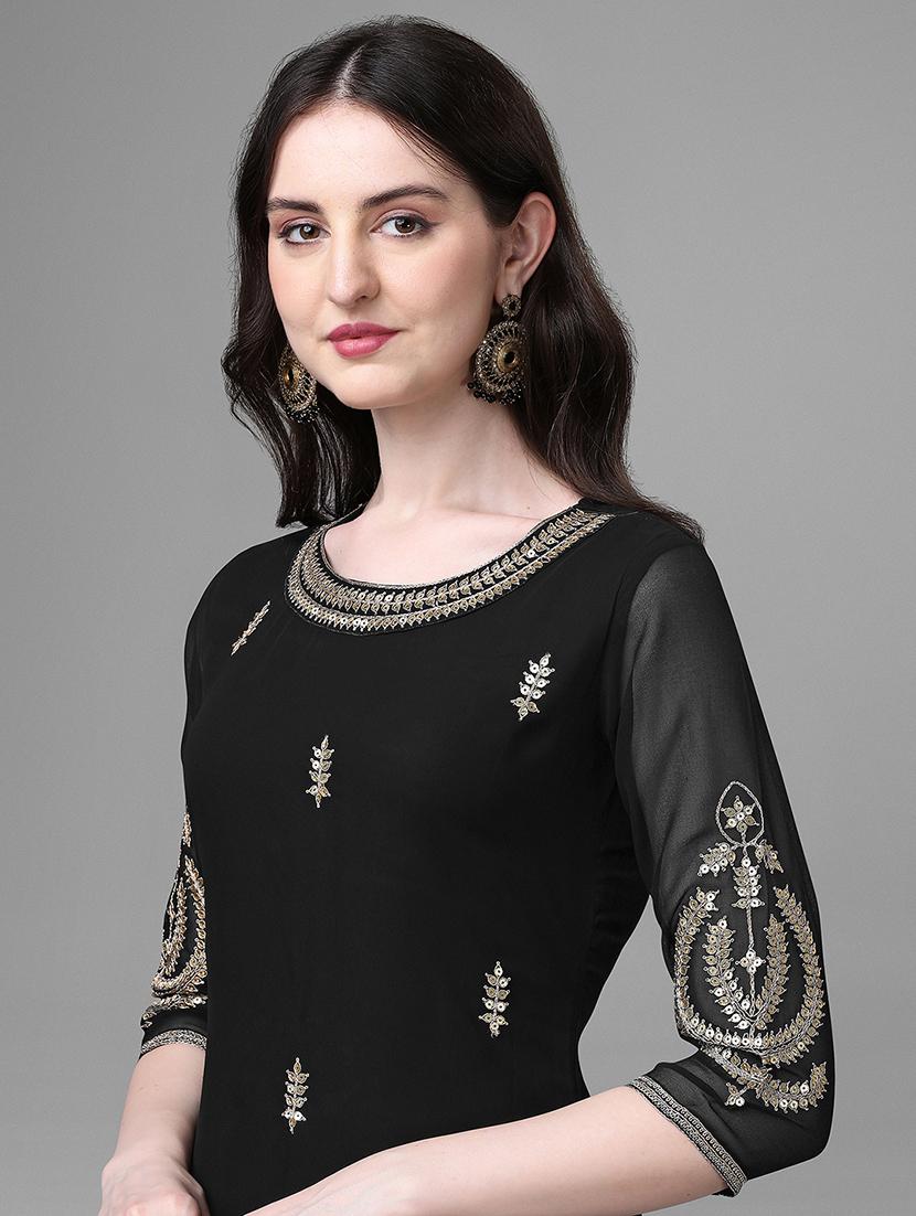 black self design straight kurta - 20031791 - Standard Image - 4