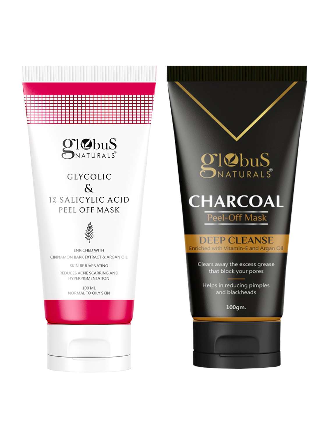 globus naturals anti acne & oil control peel off mask combo - glycolic & 1% salicylic acid & charcoal peel off mask- set of 2