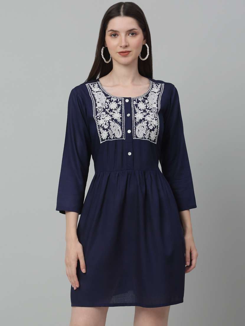 navy blue viscose a-line ethnic dress