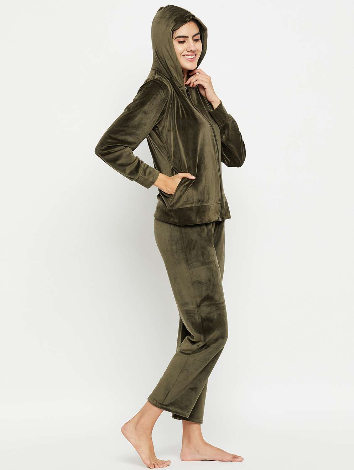 hooded neck solid nightwear suit - 20038853 - Standard Image - 1