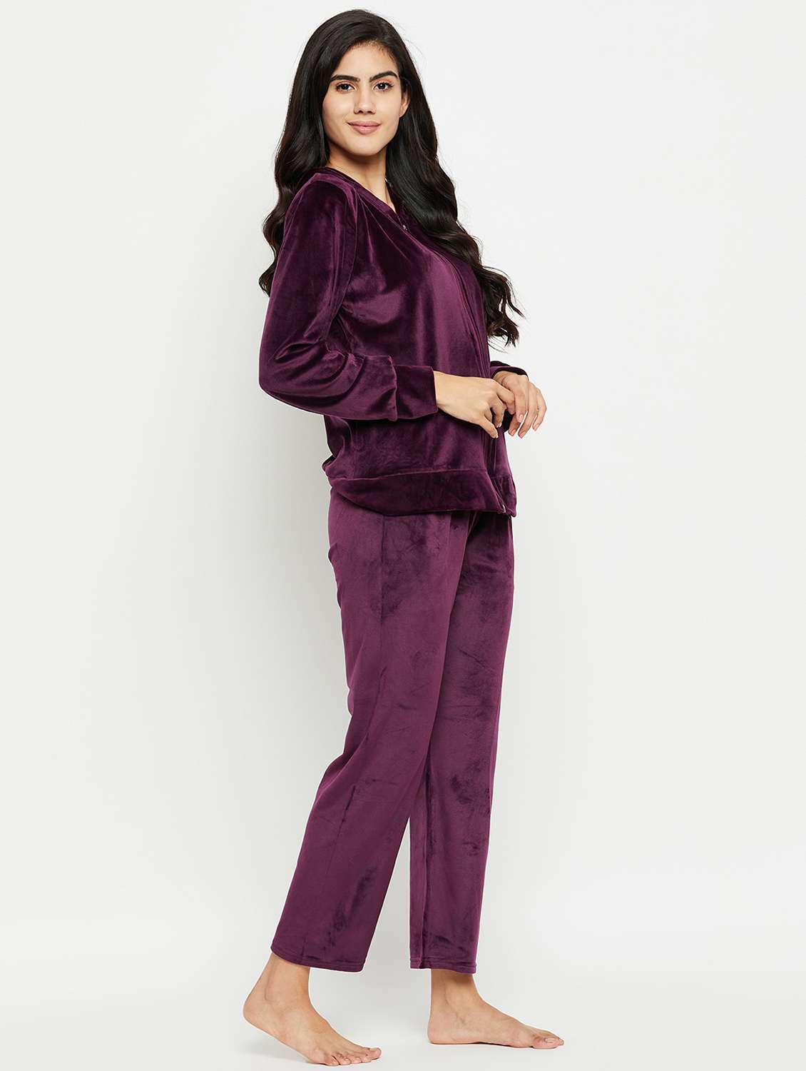women hooded neck solid nightwear suit - 20038855 -  Standard Image - 1