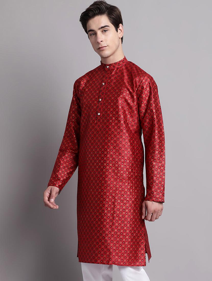 red silk blend long kurta - 20038868 - Standard Image - 1