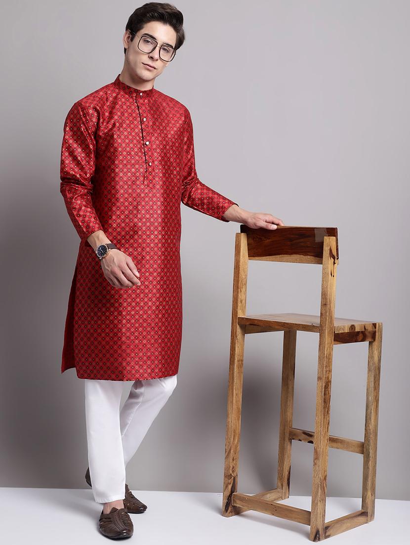 red silk blend long kurta - 20038868 - Standard Image - 4
