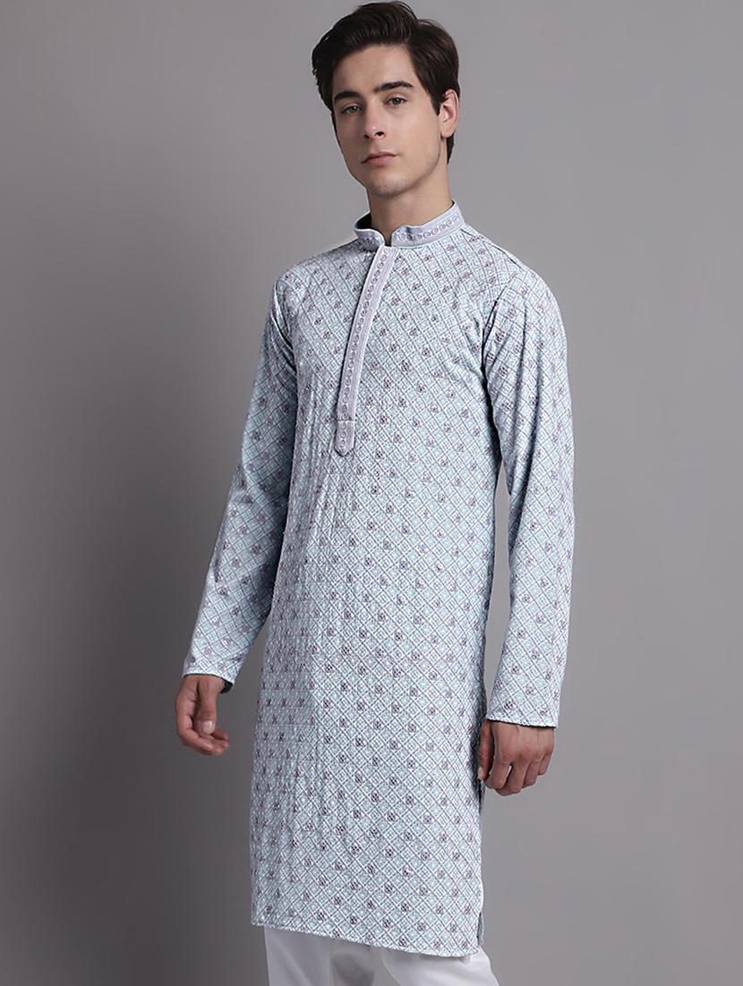 men solid with work mandarin neck long kurta - 20038875 - Standard Image - 1