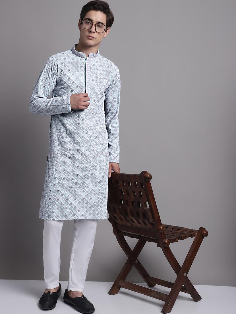men solid with work mandarin neck long kurta - 20038875 - Standard Image - 4