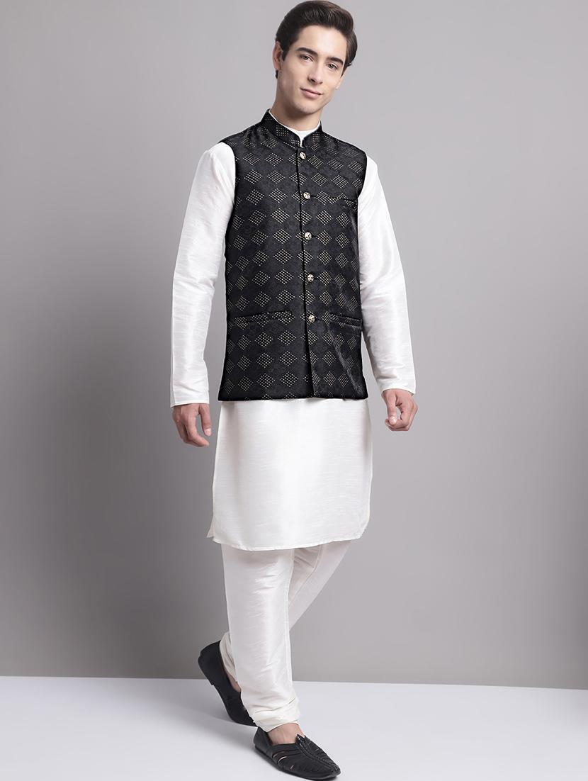 black silk blend kurta pyjama with jacket ethnic wear set - 20038892 - Standard Image - 1