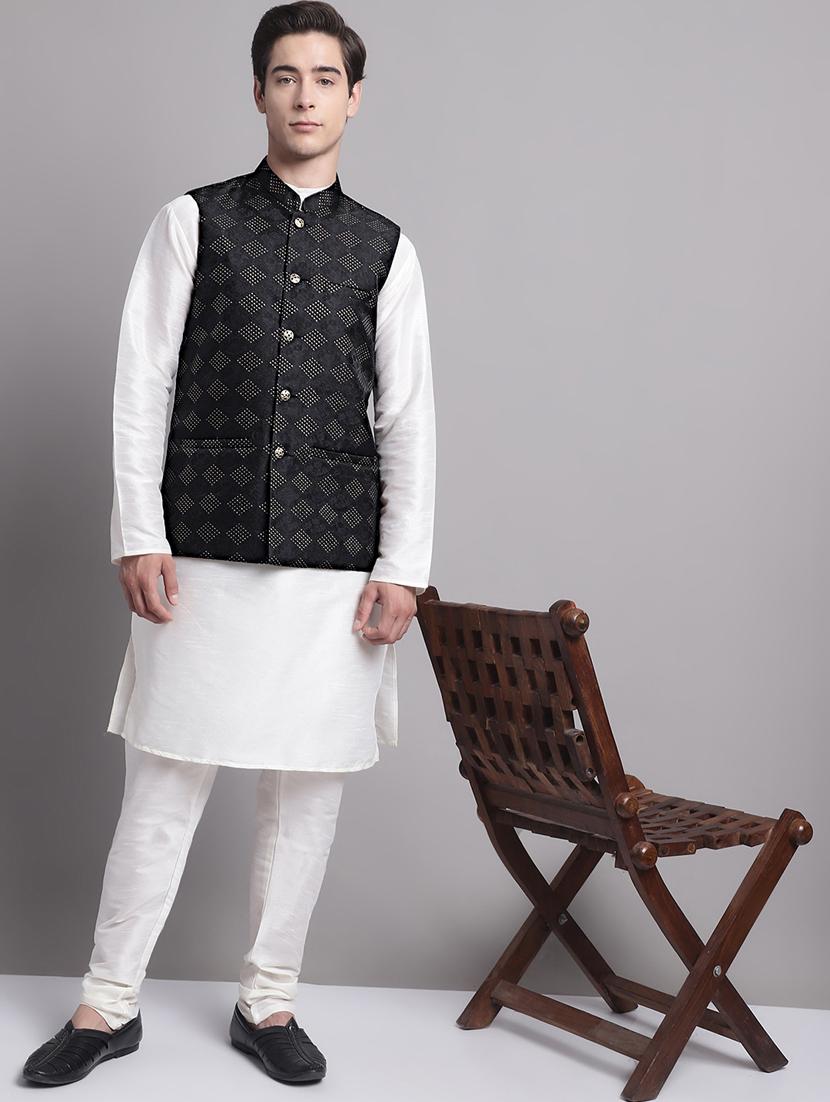 black silk blend kurta pyjama with jacket ethnic wear set - 20038892 - Standard Image - 4