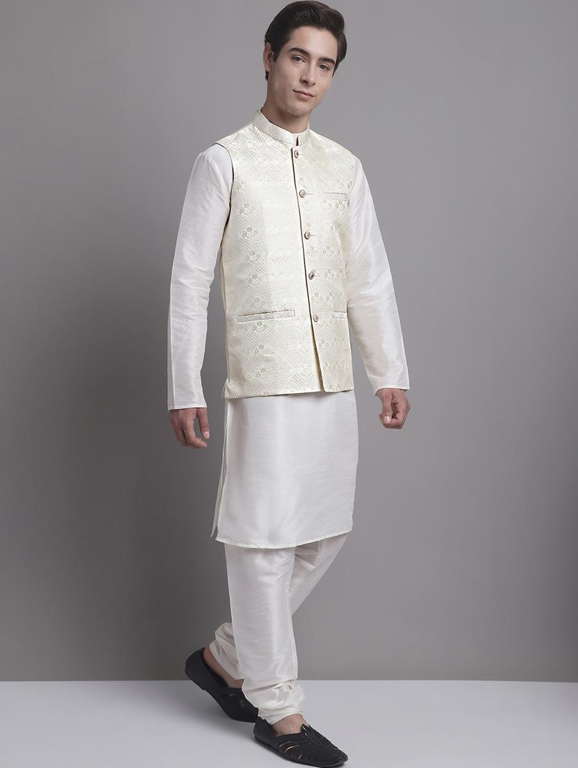 cream silk blend kurta pyjama with jacket ethnic wear set - 20038893 - Standard Image - 1