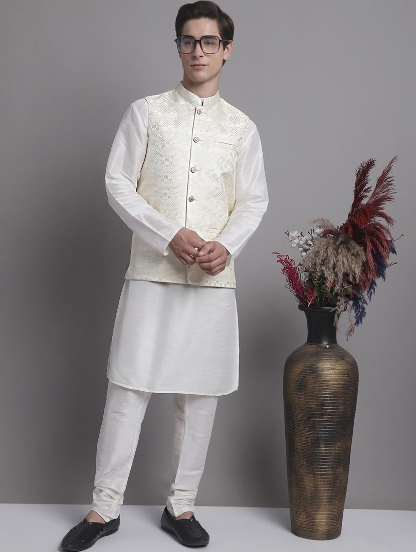 cream silk blend kurta pyjama with jacket ethnic wear set - 20038893 - Standard Image - 4