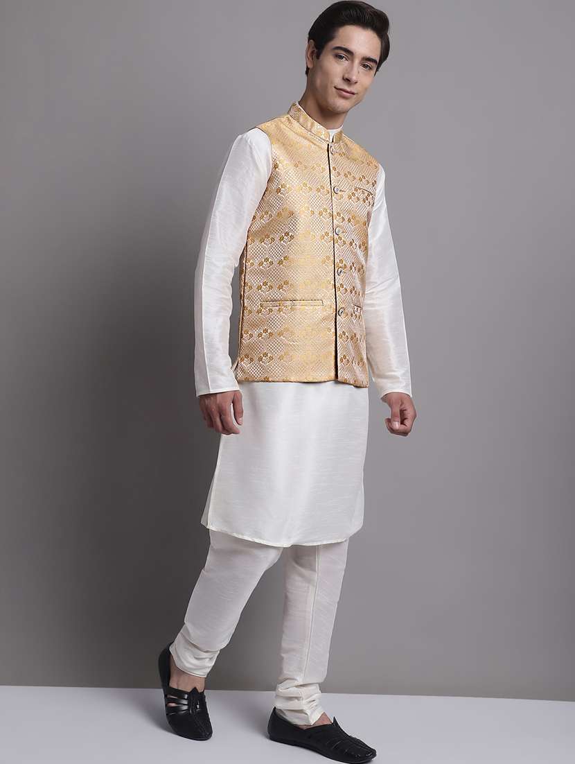 golden silk blend kurta pyjama with jacket ethnic wear set - 20038894 -  Standard Image - 1
