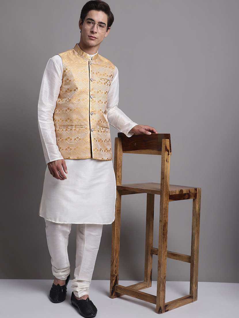 golden silk blend kurta pyjama with jacket ethnic wear set - 20038894 -  Standard Image - 4
