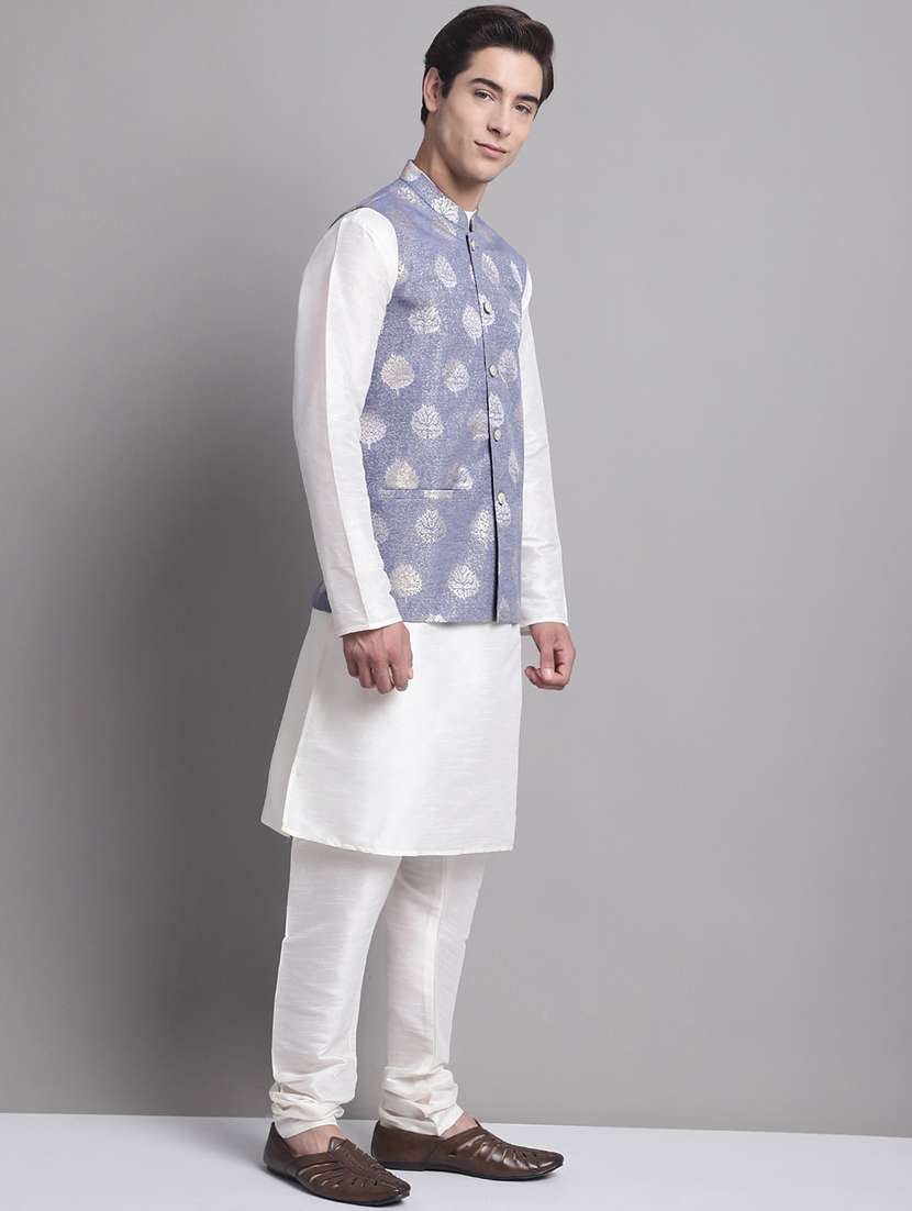 blue silk blend kurta pyjama with jacket ethnic wear set - 20038901 -  Standard Image - 1