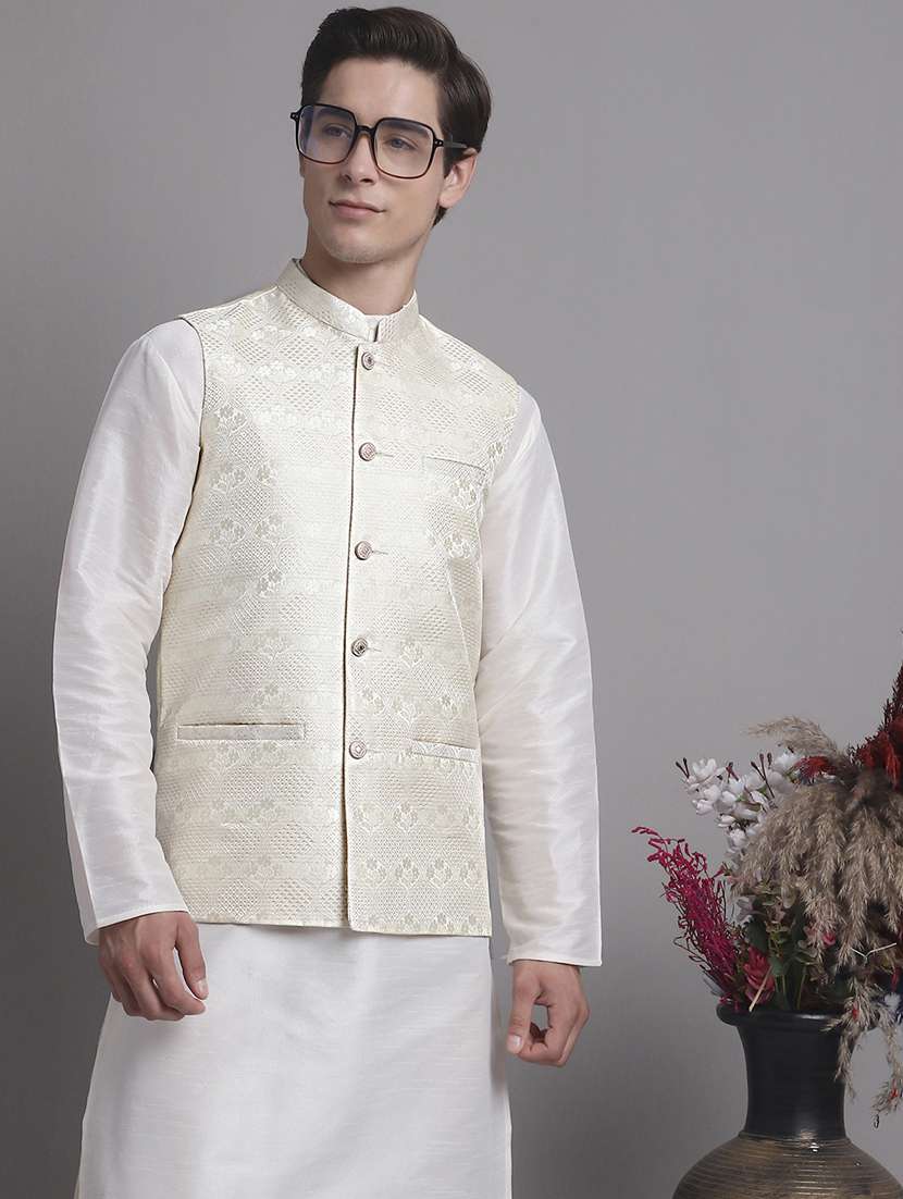 white silk blend nehru jacket - 20038911 -  Standard Image - 1