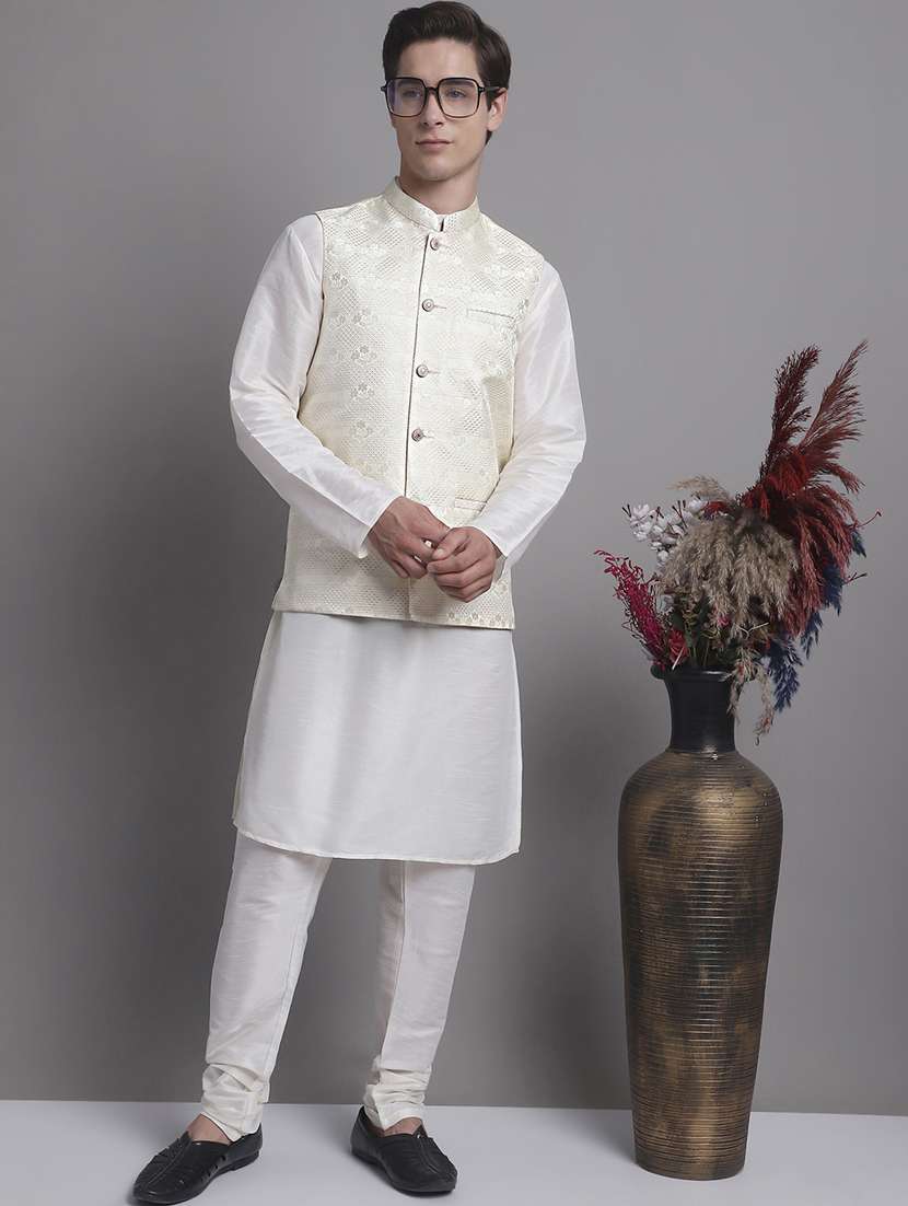 white silk blend nehru jacket - 20038911 -  Standard Image - 4