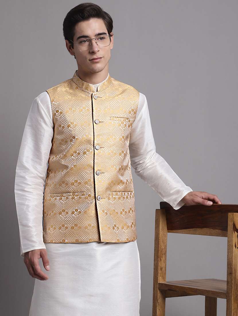 gold silk blend nehru jacket - 20038912 -  Standard Image - 1