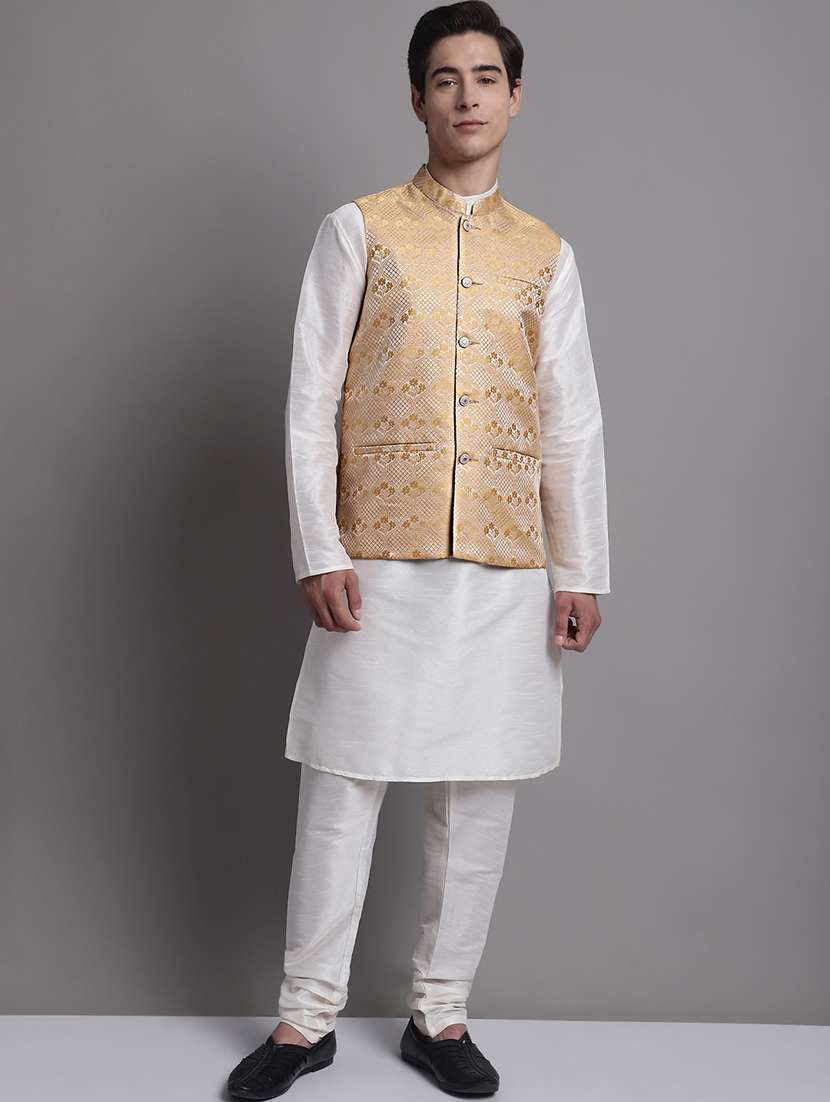 gold silk blend nehru jacket - 20038912 -  Standard Image - 4