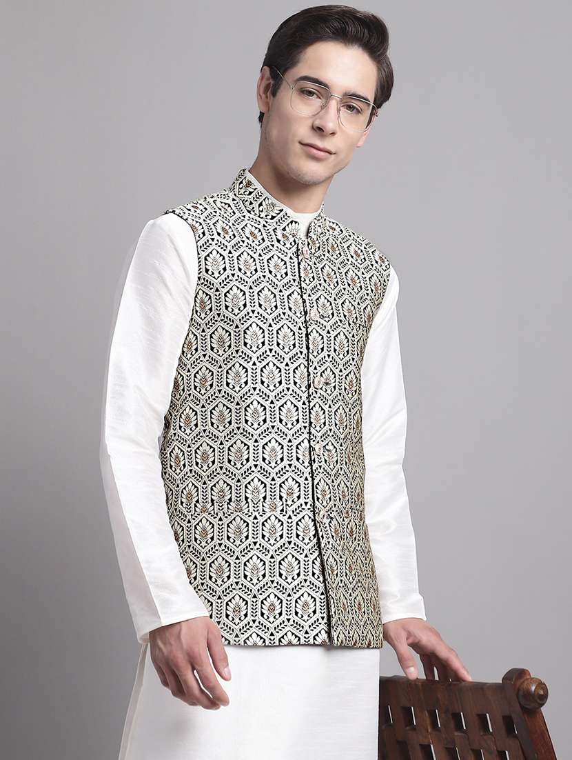 black silk blend nehru jacket - 20038913 -  Standard Image - 1