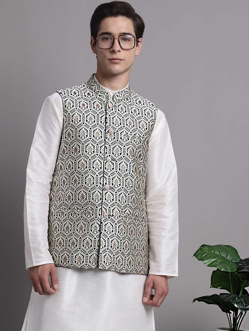 silver silk blend nehru jacket - 20038916 - Standard Image - 1