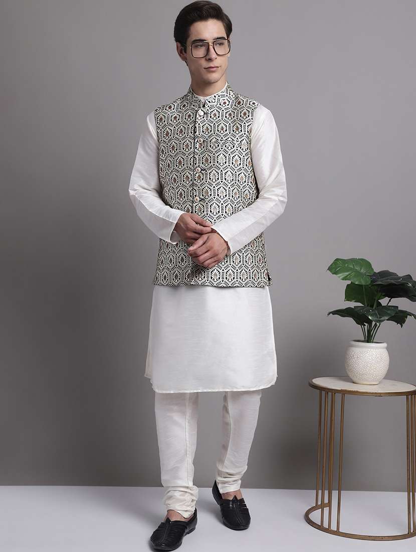 silver silk blend nehru jacket - 20038916 - Standard Image - 4