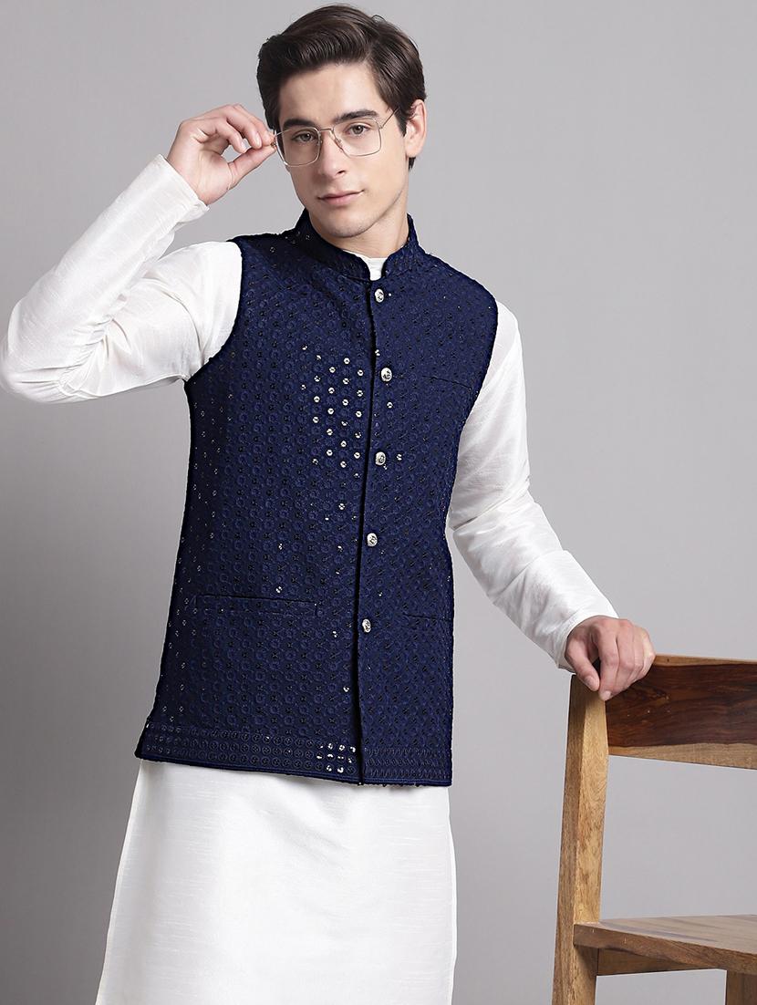 navy blue rayon nehru jacket - 20038923 -  Standard Image - 1