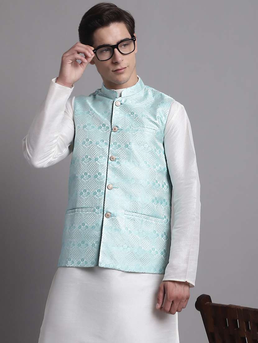 light blue silk blend nehru jacket - 20038927 -  Standard Image - 1