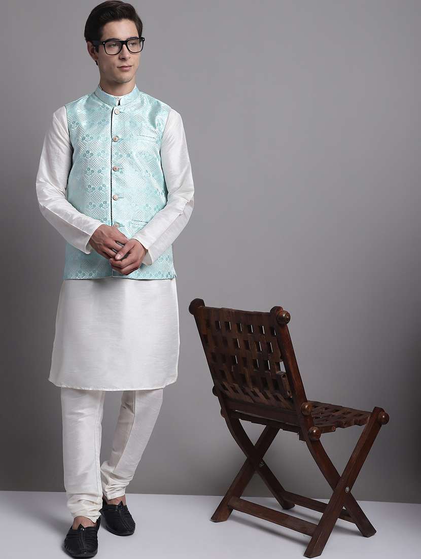 light blue silk blend nehru jacket - 20038927 -  Standard Image - 4
