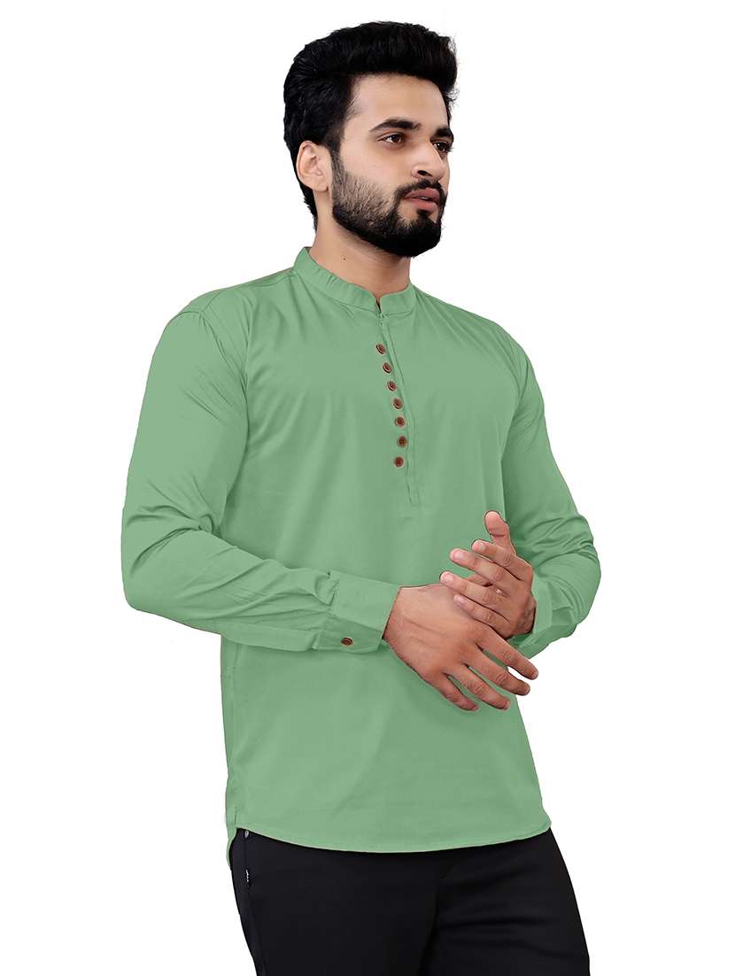 green cotton blend short kurta - 20038945 -  Standard Image - 1