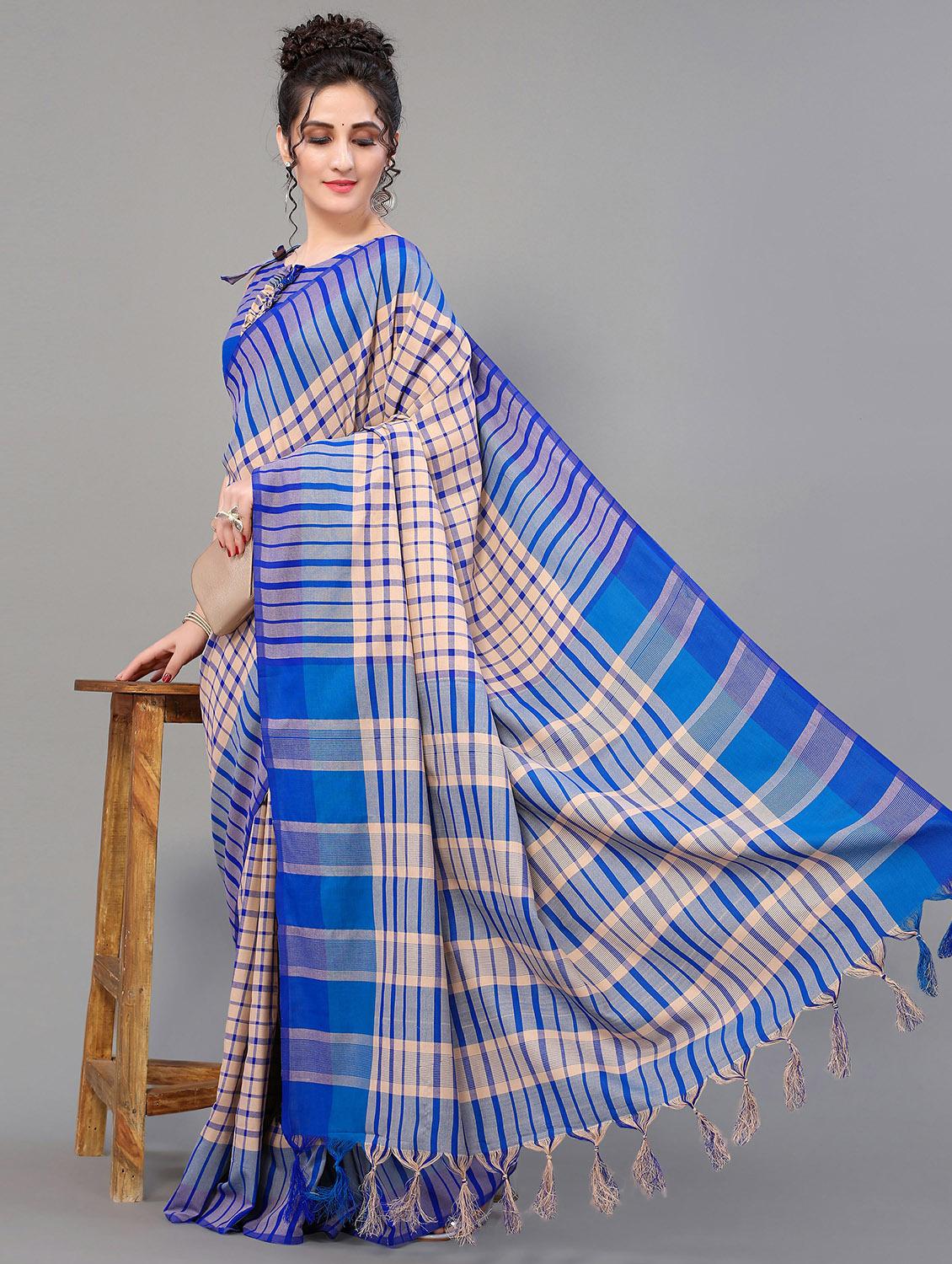 blue cotton blend handloom saree with blouse - 20039301 - Standard Image - 1