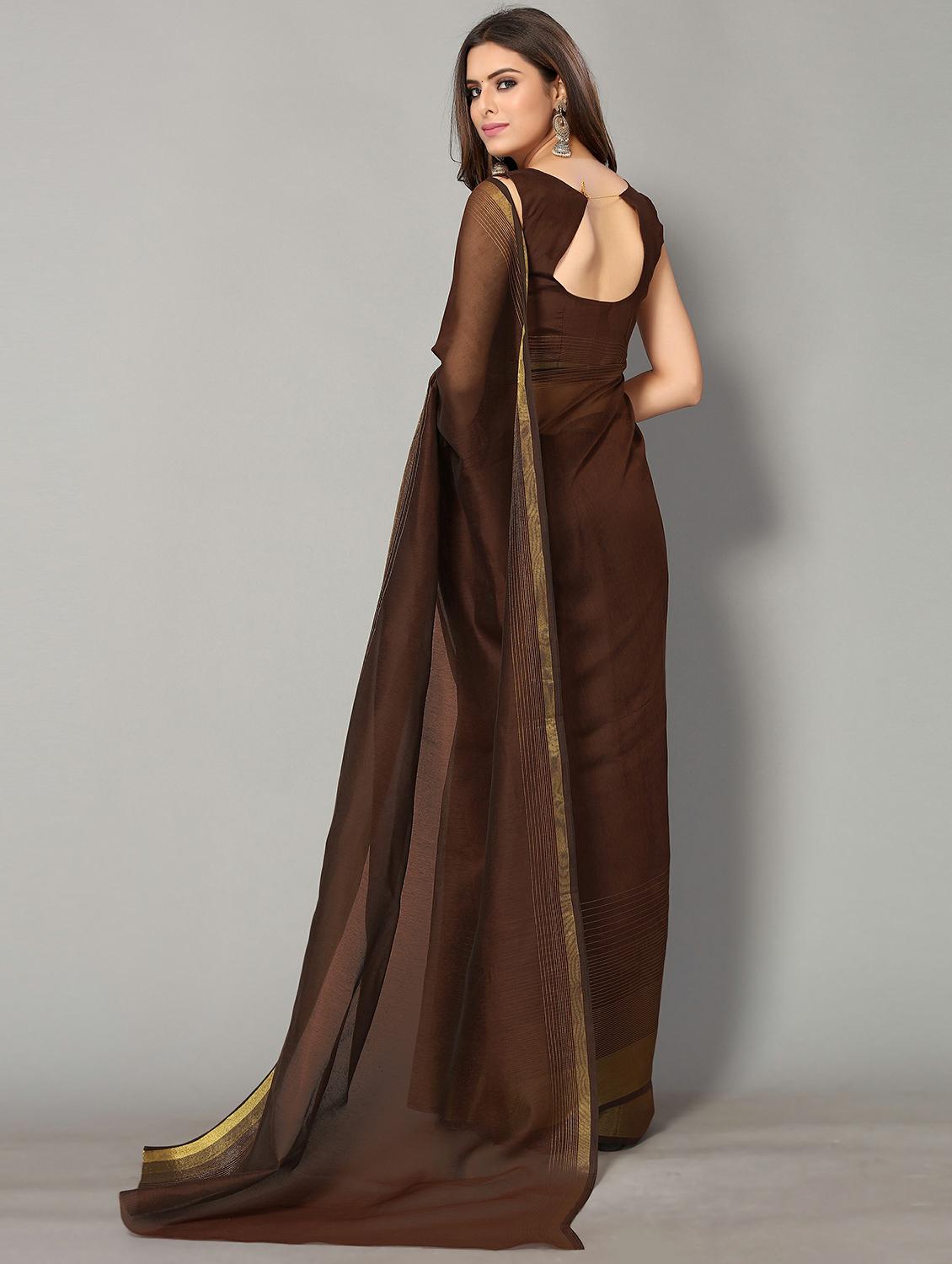brown cotton handloom saree with blouse - 20039302 - Standard Image - 1